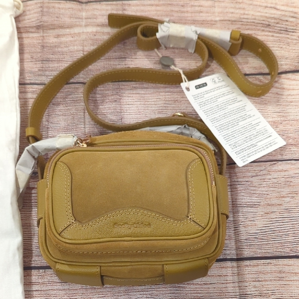See by Chloe Hana Camera Leather Crossbody Bag Khaki Yellow Suede Gold Hardware